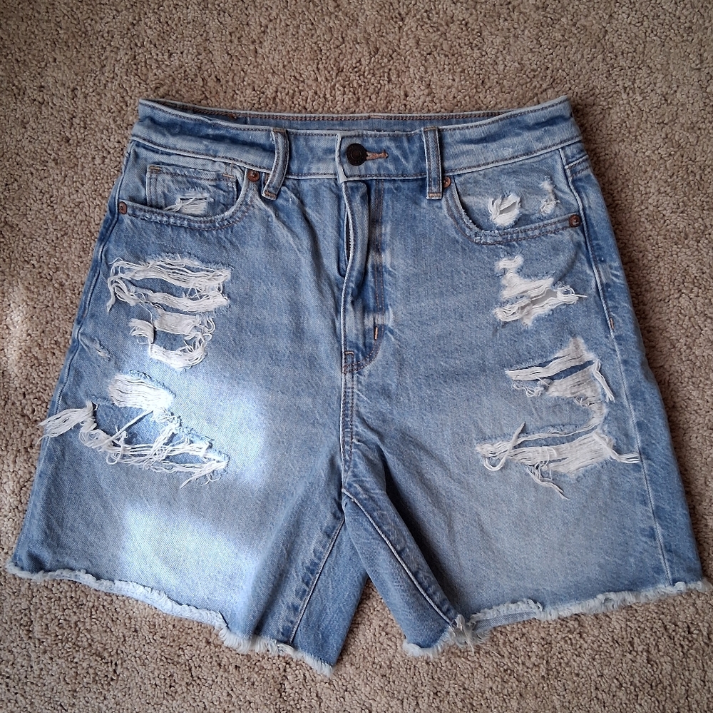 American Eagle Outfitters Light Blue Distressed High Waist Denim Shorts